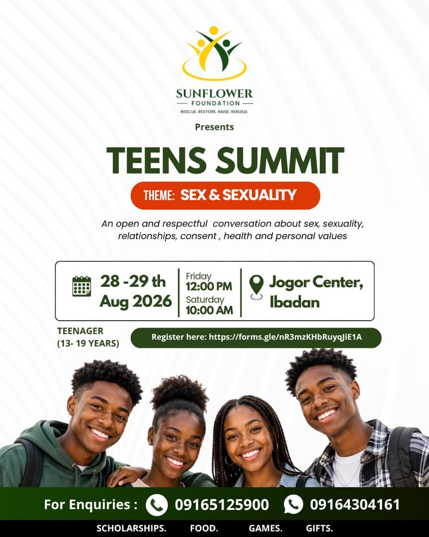 Teens Summit flyer: theme Sex & Sexuality, 28–29 August 2026 at Jogor Centre, Ibadan, with four smiling teenagers